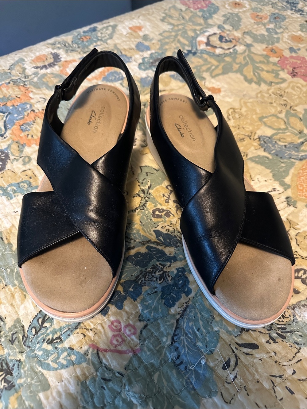 Clarks Black Leather Crisscross Open-Toe Slingback Sandals